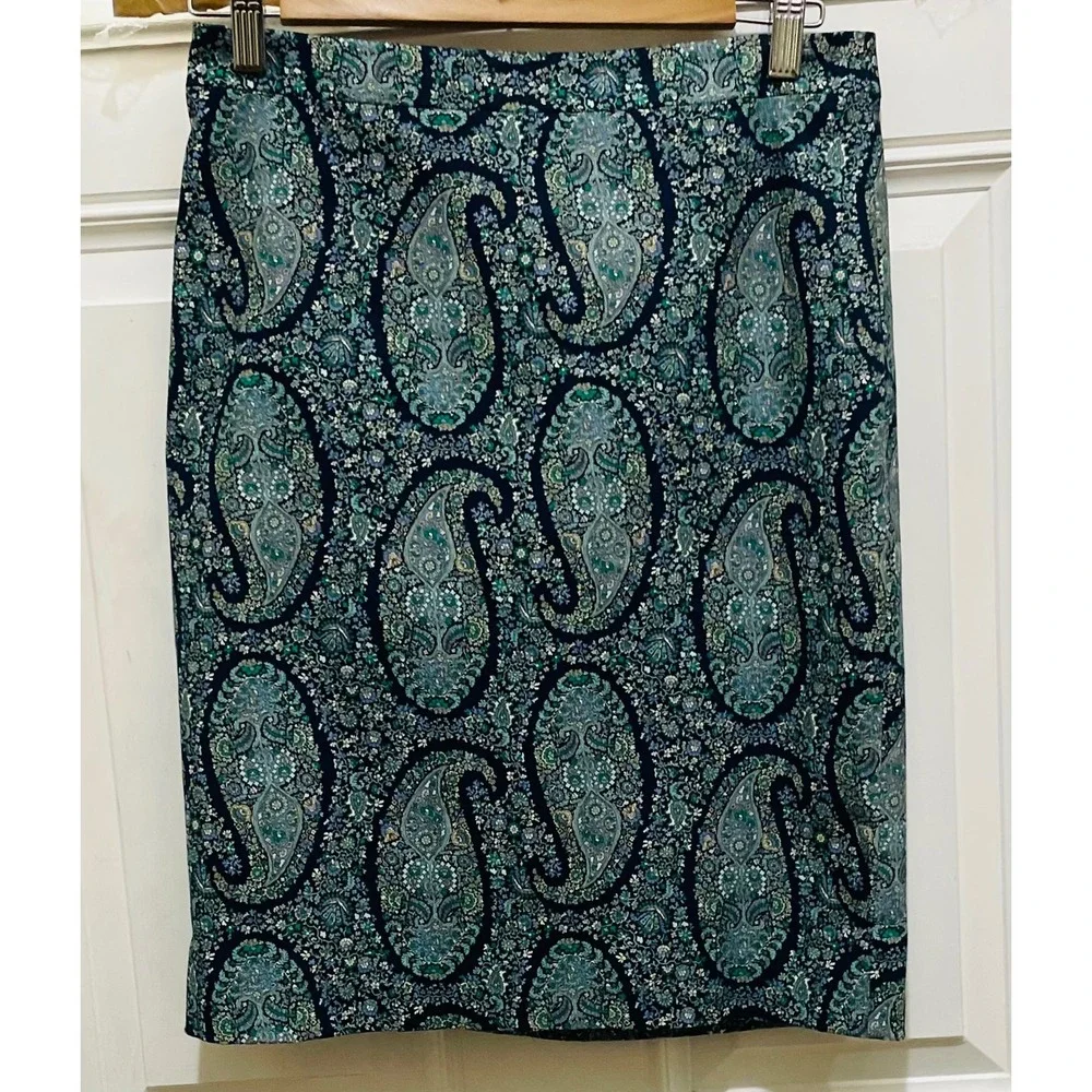 J Crew Paisley Print Pencil Skirt Blue Green Size 4 Career Office